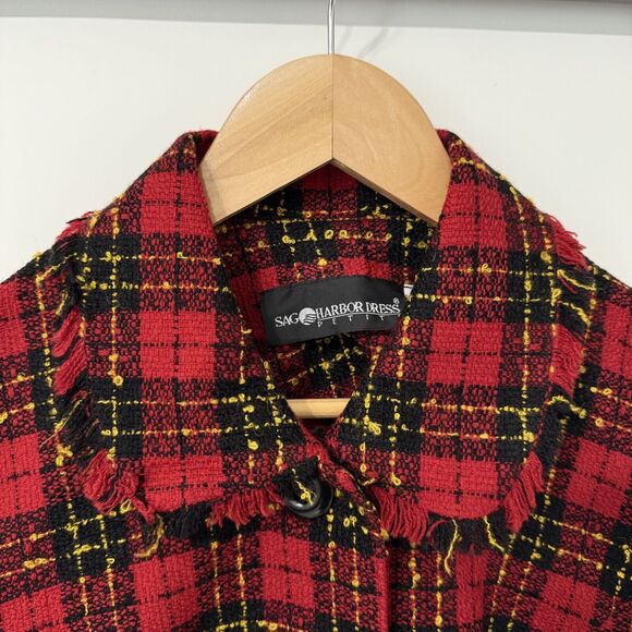 Vintage Sag Harbor Blazer Jacket Size 6 Petite Red Nubby Plaid Fringe Collar - Picture 2 of 9